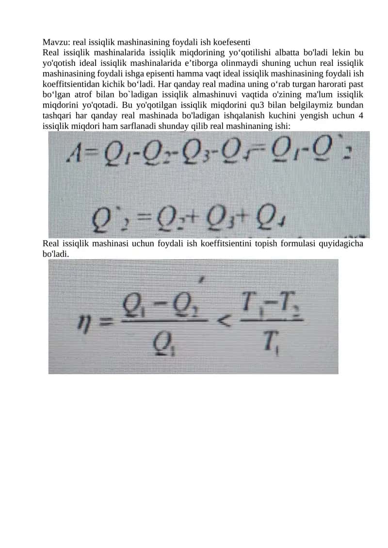 real issiqlik mashinasining foydali ish koefesenti 1