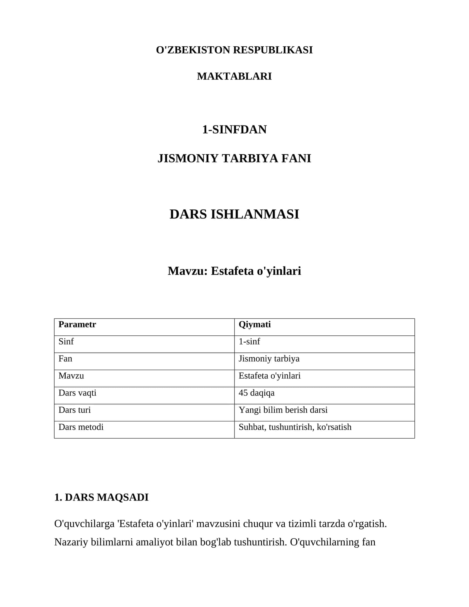 Estafeta o'yinlari Dars Ishlanmasi 1