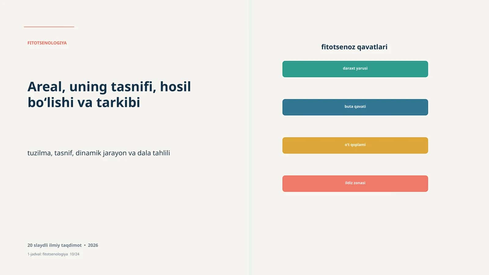 FITOTSENOLOGIYA Areal, uning tasnifi, hosil bo‘lishi va tarkibi. Uzbek text discussing the classification of plant communities, their composition, and formation 1