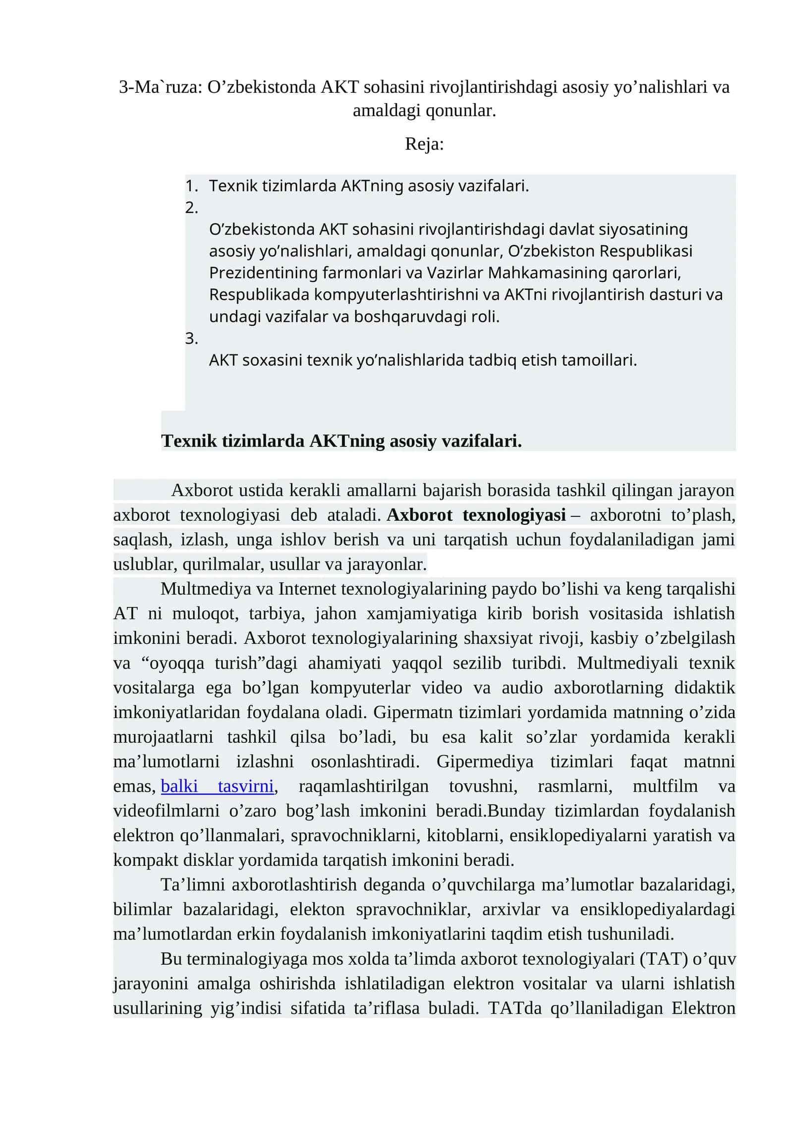 O'zbekistonda AKT sohasini rivojlantirishdagi asosiy yo’nalishlari va amaldagi qonunlar 1
