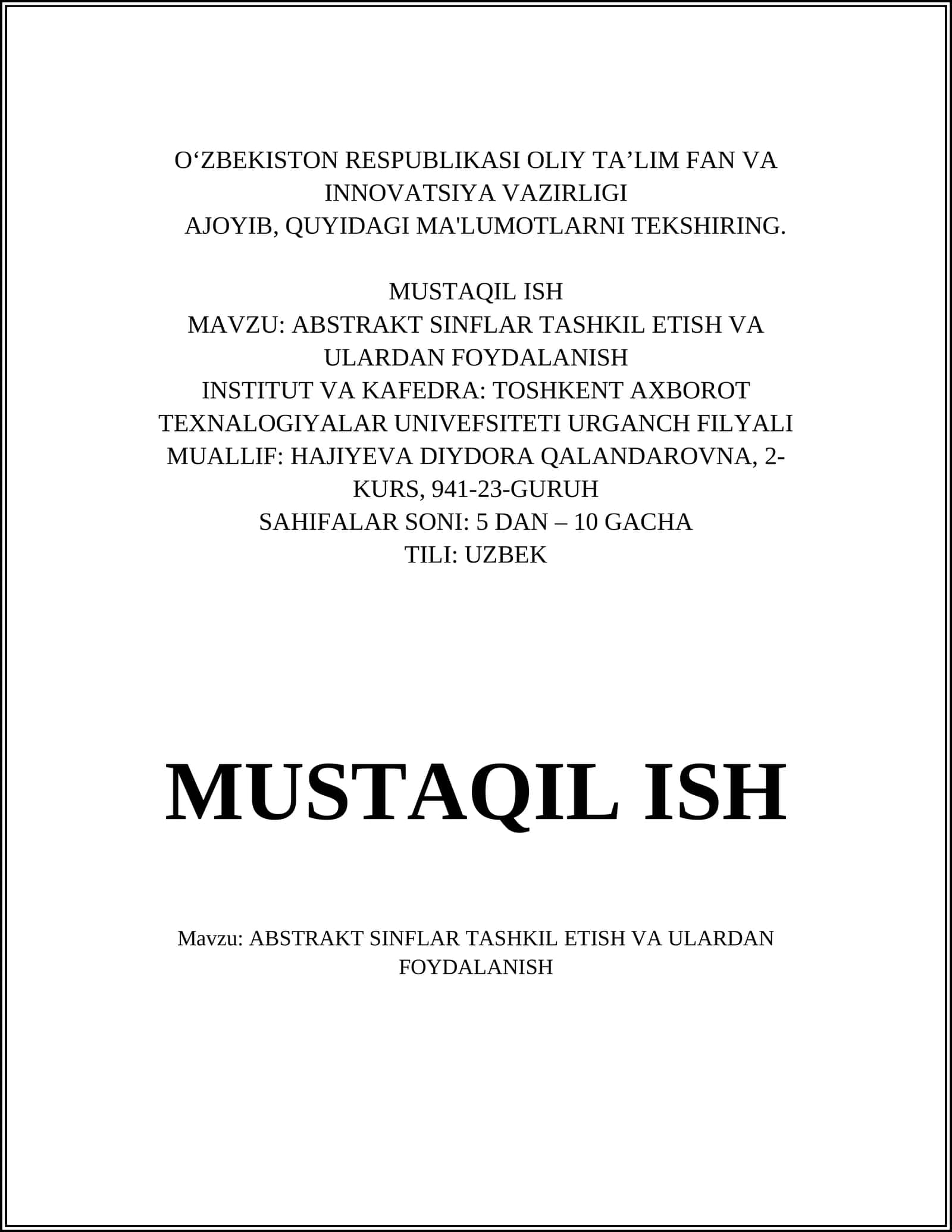 ABSTRAKT SINFLAR TASHKIL ETISH VA ULARDAN FOYDALANISH 1