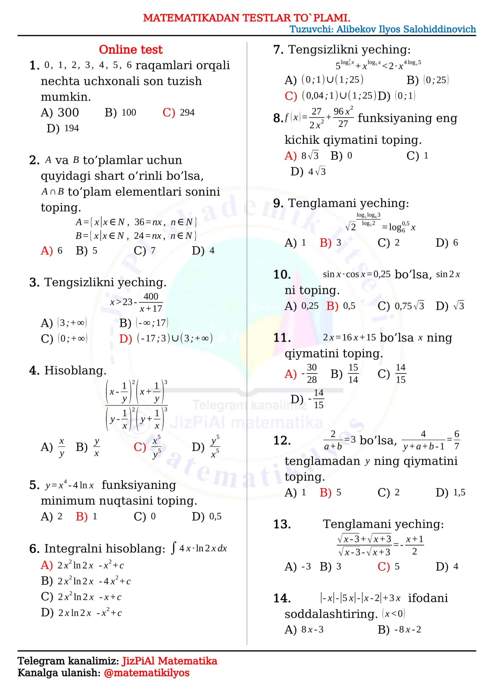 Matematikadan testlar 1