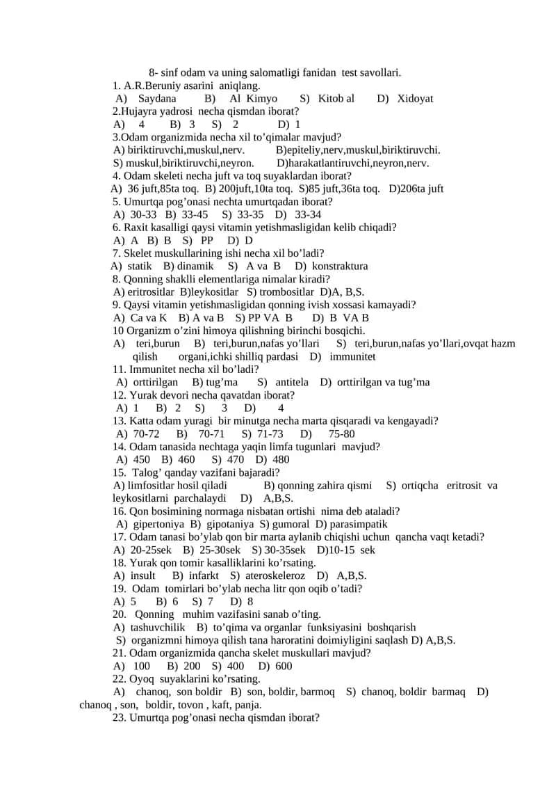 8- sinf odam va uning salomatligi fanidan test savollari 1