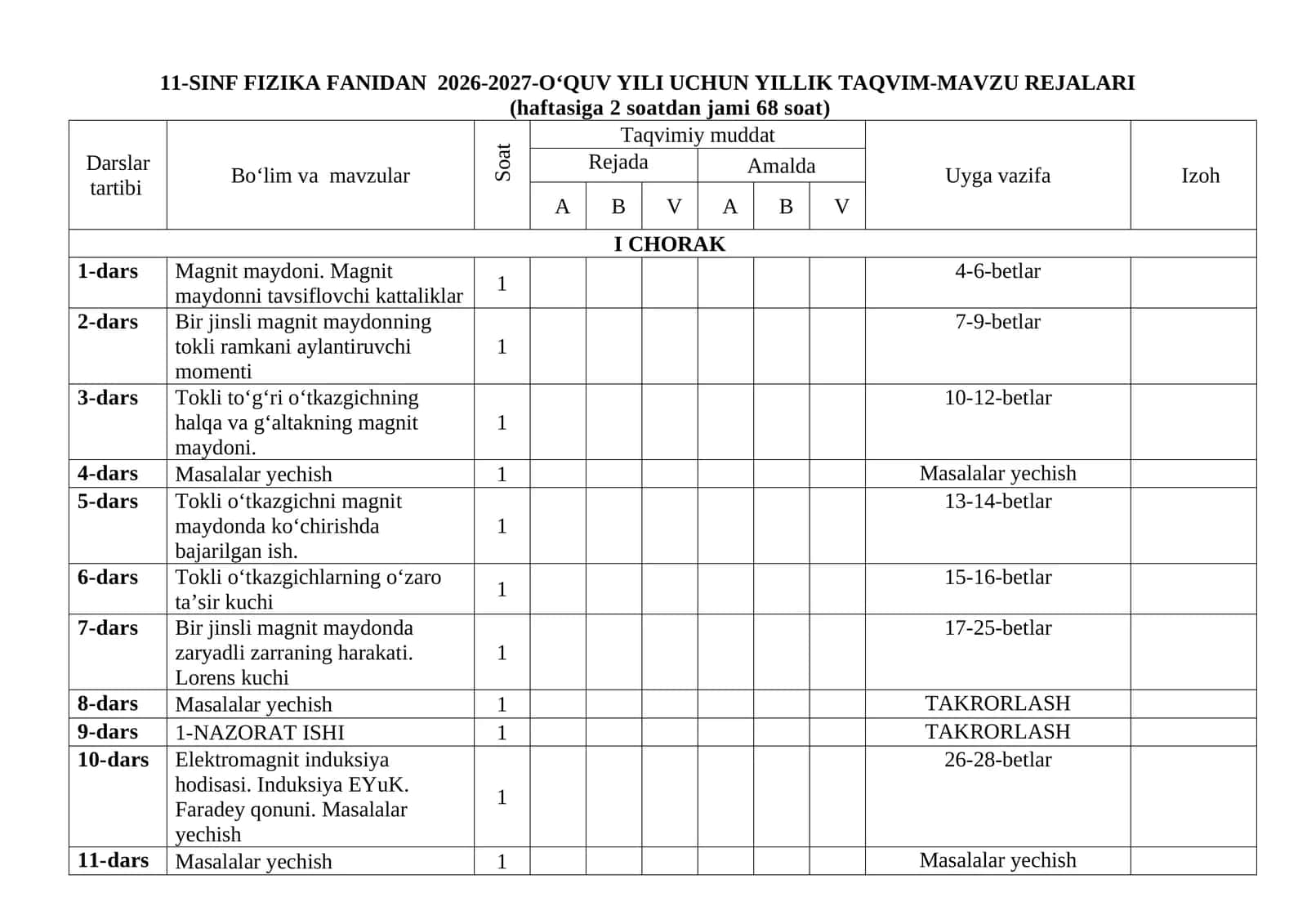 11-sinf fizika fanidan ish reja 2026-yil. 1