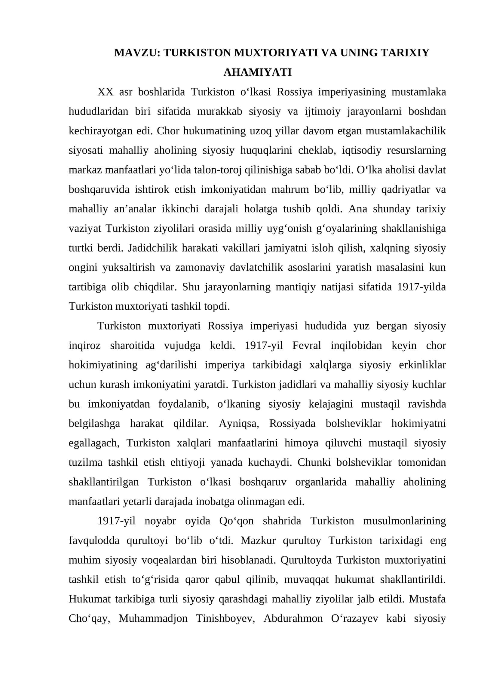 TURKISTON MUXTORIYATI VA UNING TARIXIY AHAMIYATI. 1