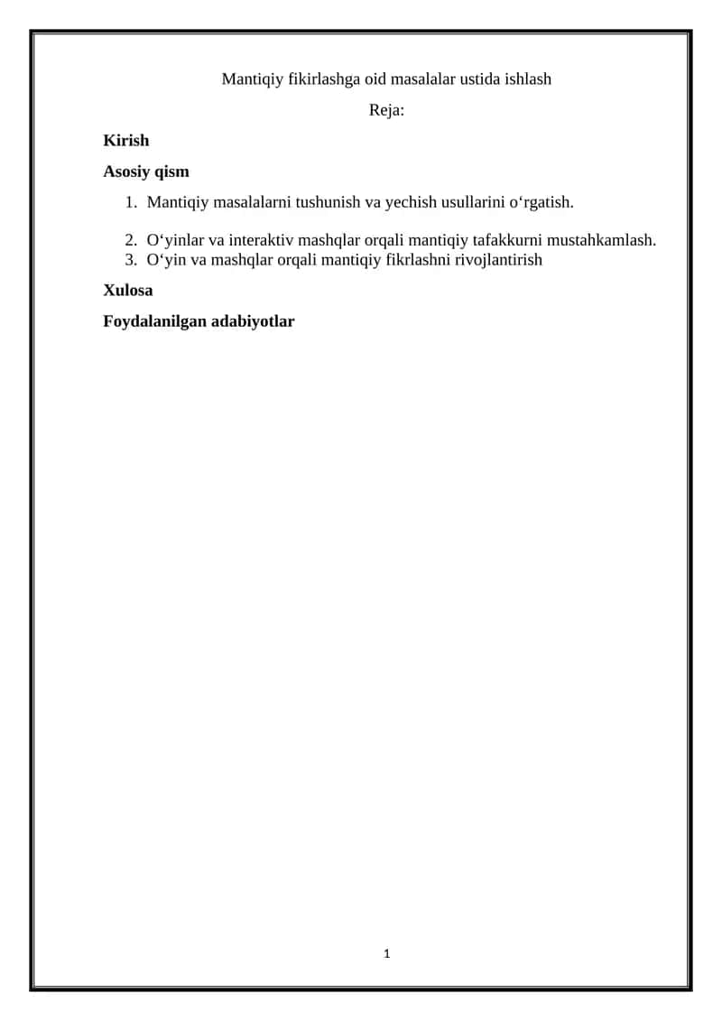 Mantiqiy fikirlashga oid masalalar ustida ishlash 1