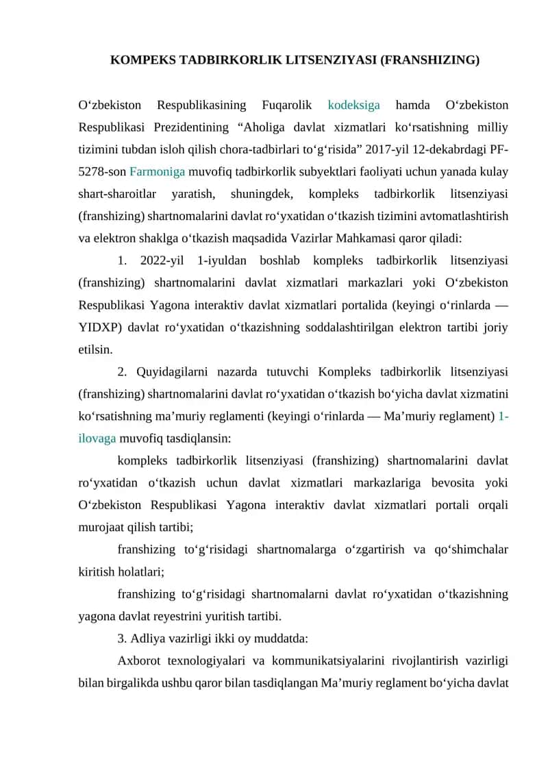 KOMPEKS TADBIRKORLIK LITSENZIYASI (FRANSHIZING) 1