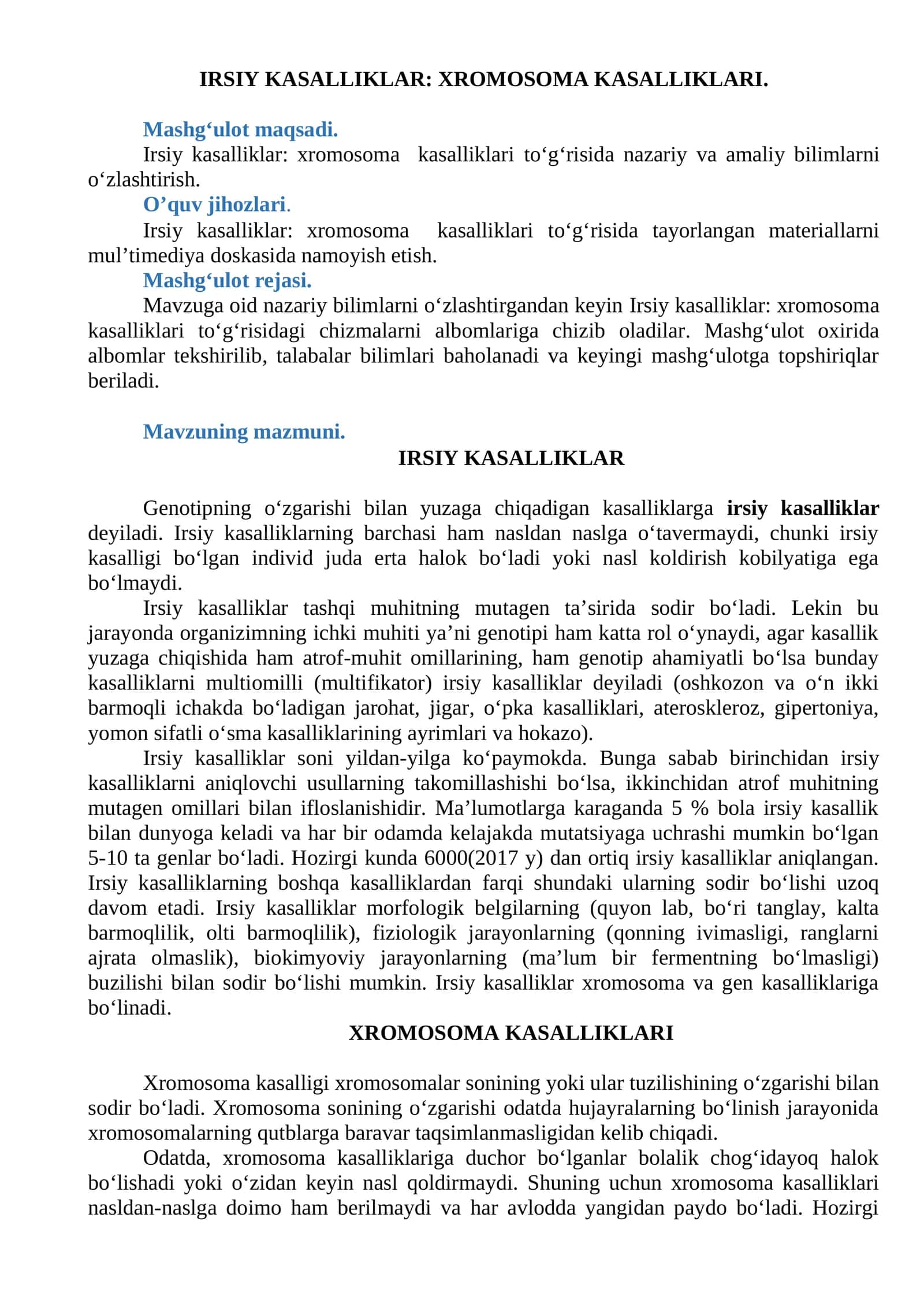 IRSIY KASALLIKLAR: XROMOSOMA KASALLIKLARI 1