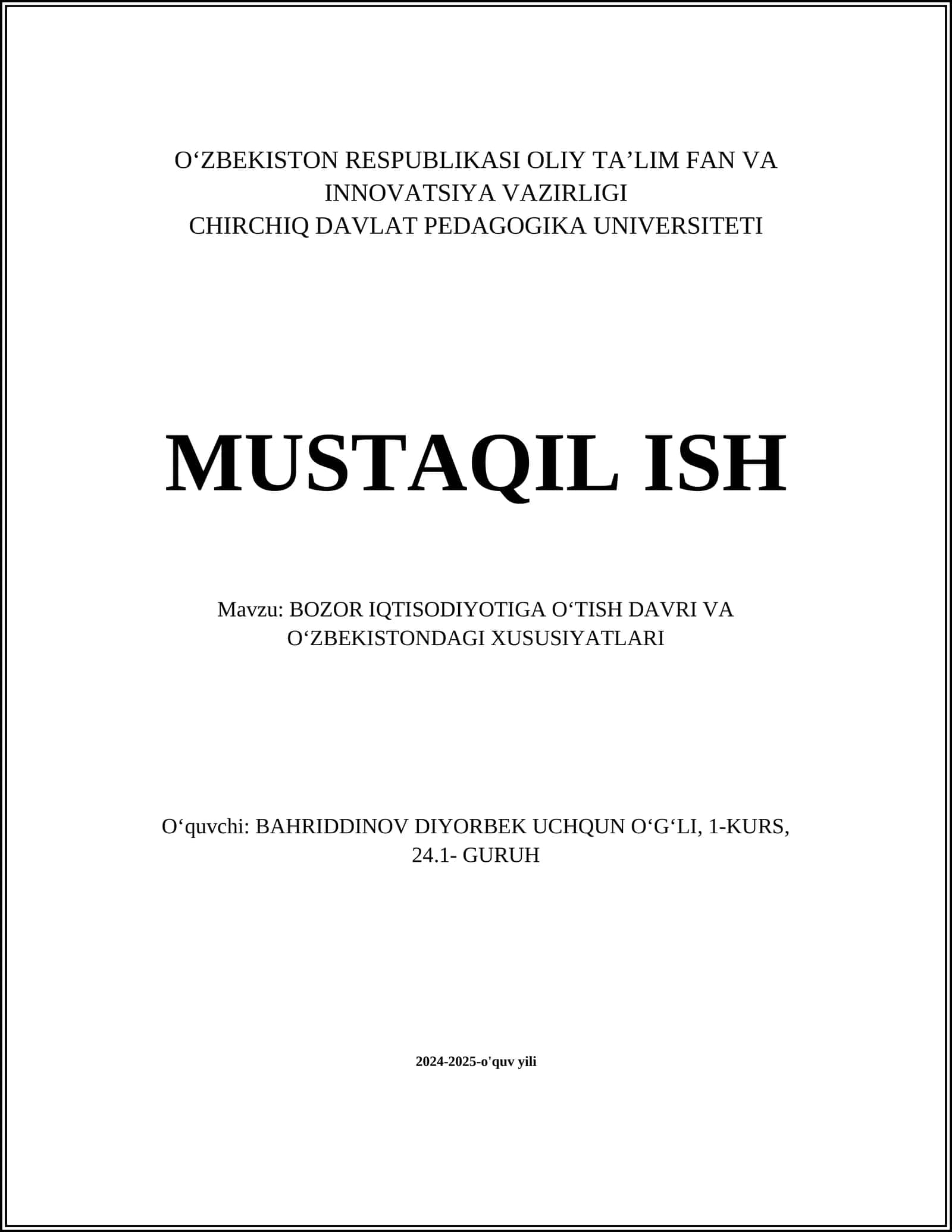 BOZOR IQTISODIYOTIGA OʻTISH DAVRI VA OʻZBEKISTONDAGI XUSUSIYATLARI 1