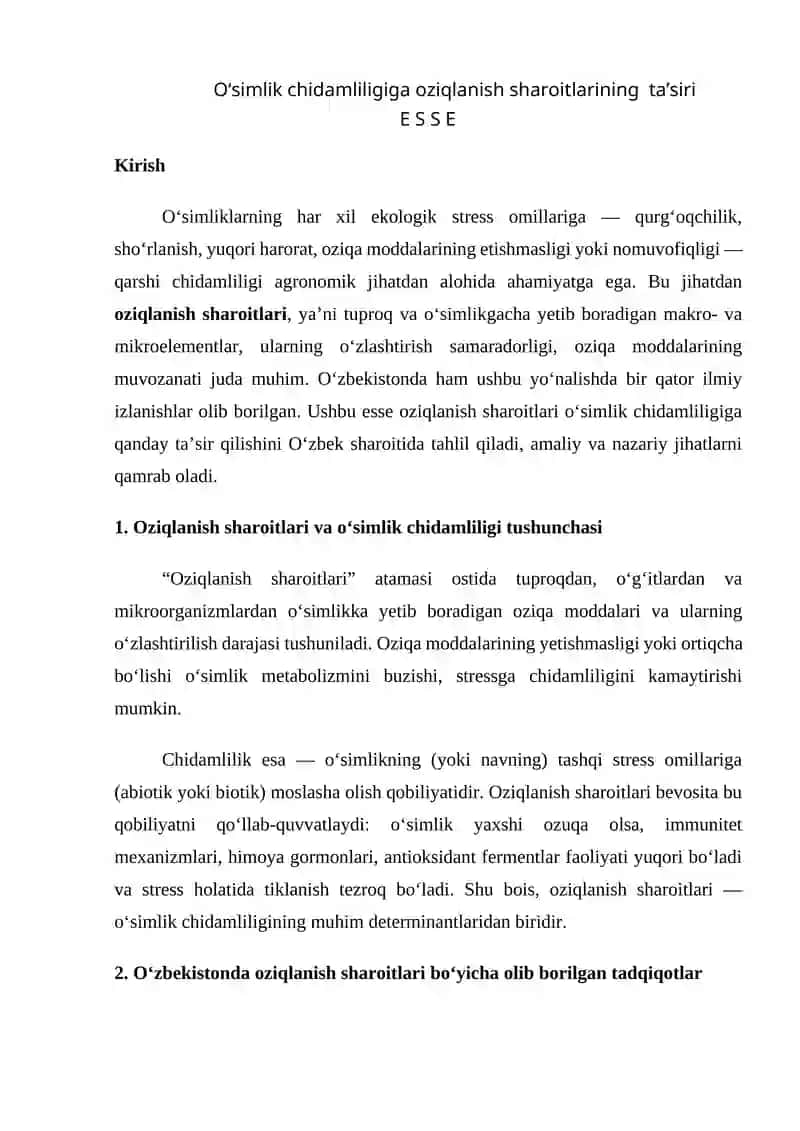 O‘simlik chidamliligiga oziqlanish sharoitlarining ta’siri E S S E