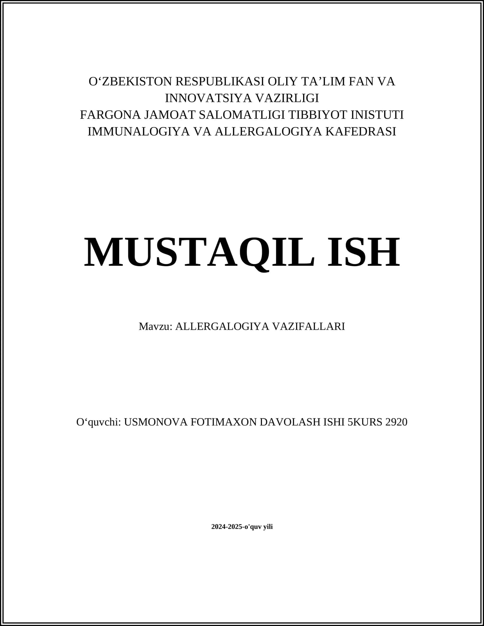 ALLERGALOGIYA VAZIFALLARI 1