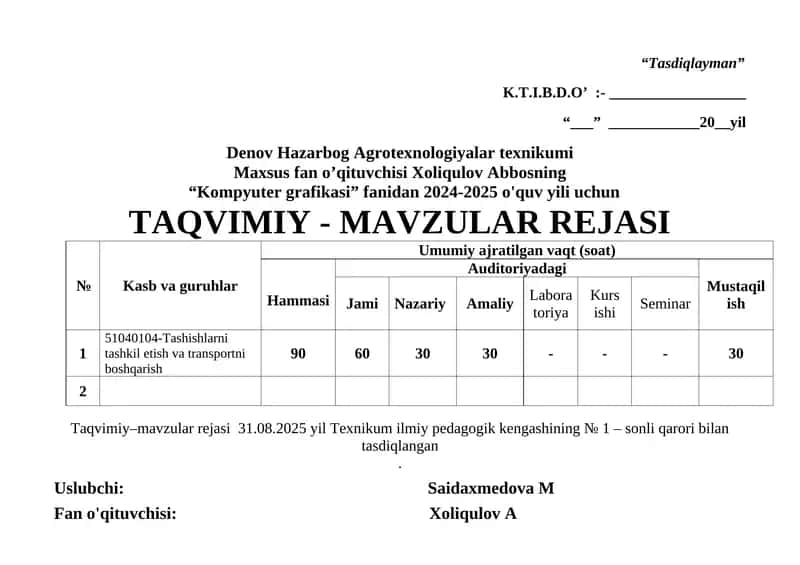 Taqvimiy–mavzular rejasi 1