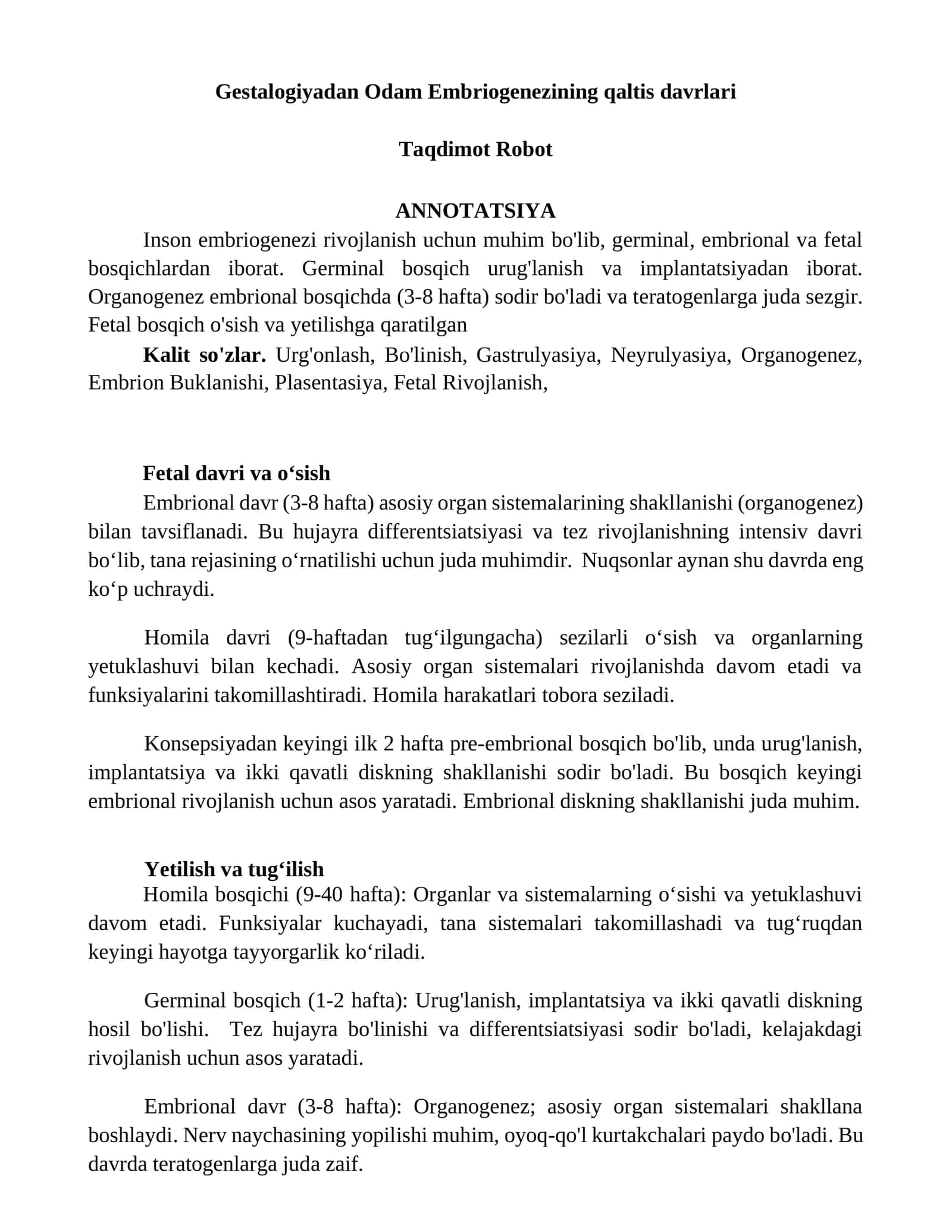 Gestalogiyadan Odam Embriogenezining qaltis davrlari 1