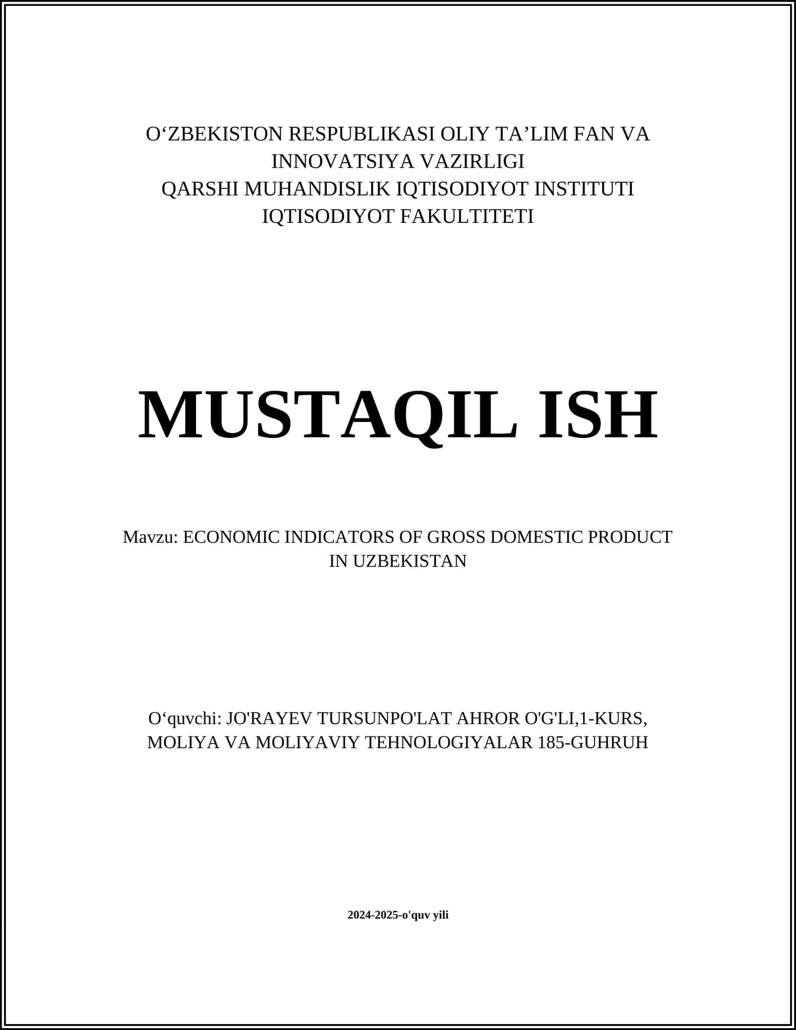 ECONOMIC INDICATORS OF GROSS DOMESTIC PRODUCT IN UZBEKISTAN 1