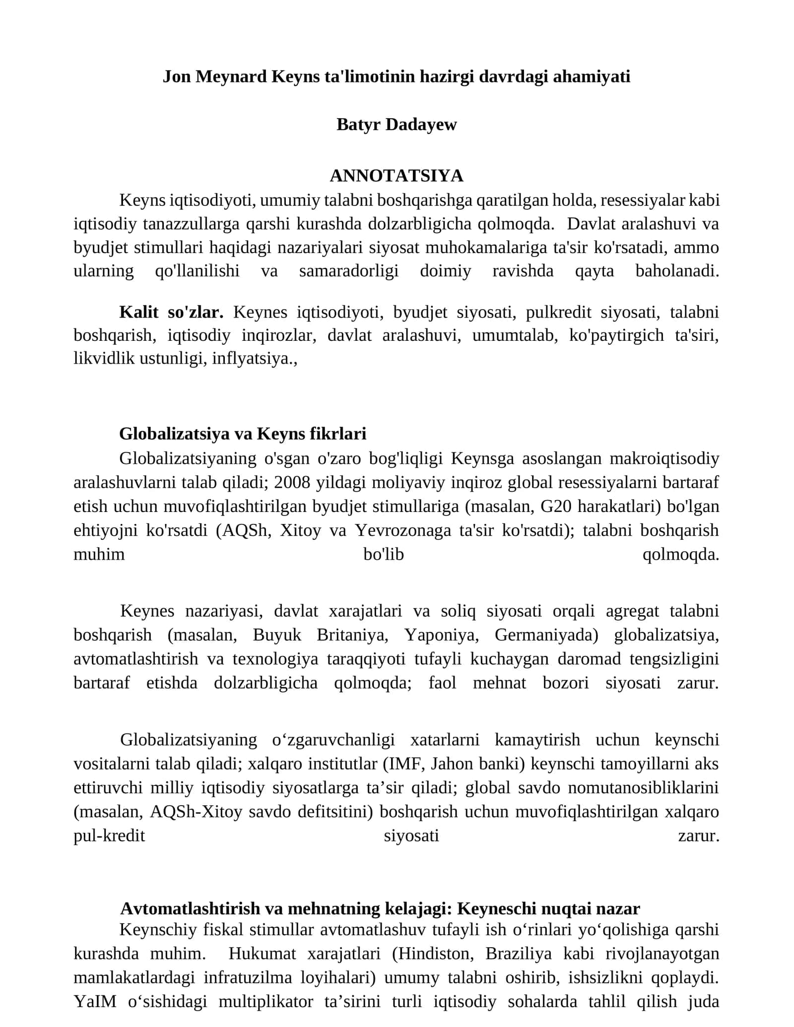 Jon Meynard Keyns ta'limotinin hazirgi davrdagi ahamiyati 1