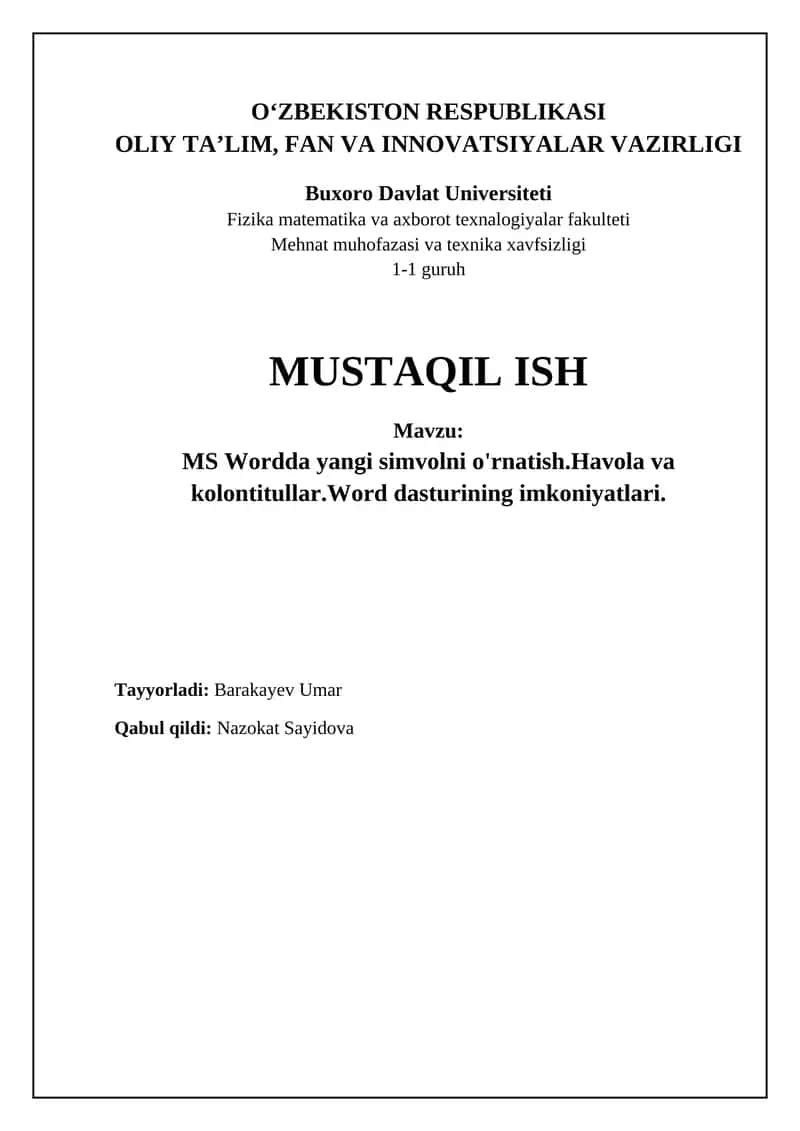 MS Wordda yangi simvolni o'rnatish 1