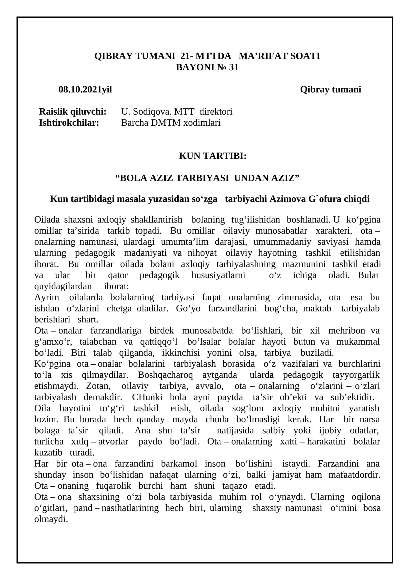 BOLA AZIZ TARBIYASI UNDAN AZIZ 1