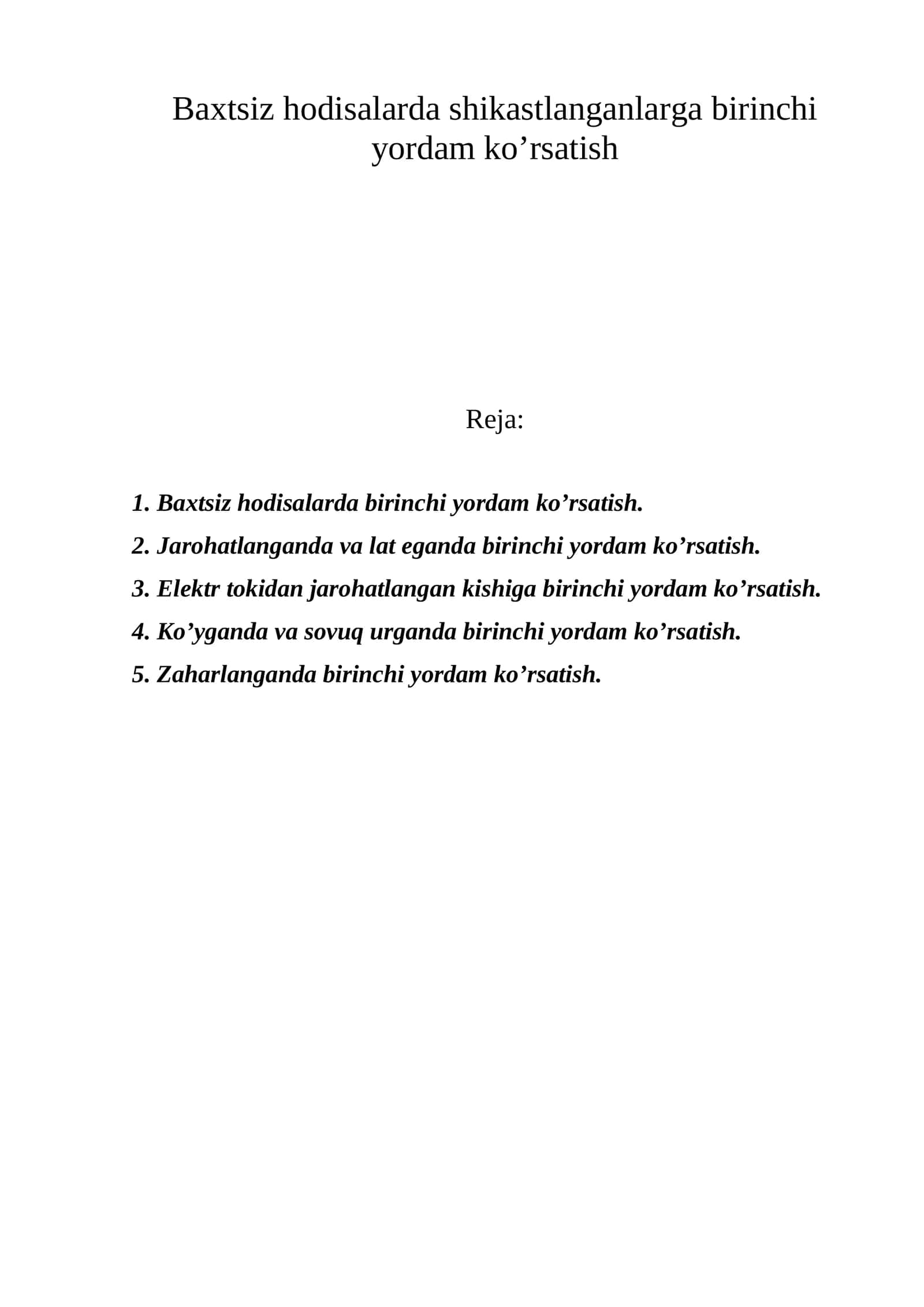 Baxtsiz hodisalarda shikastlanganlarga birinchi yordam ko’rsatish 1