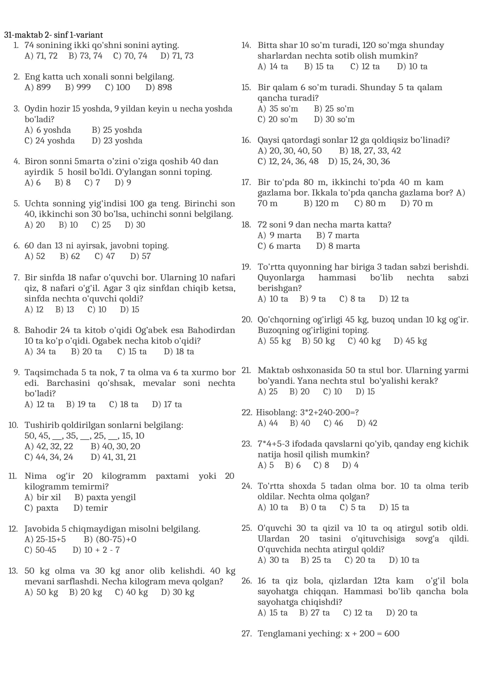 31-maktab 2- sinf 1-variant 1