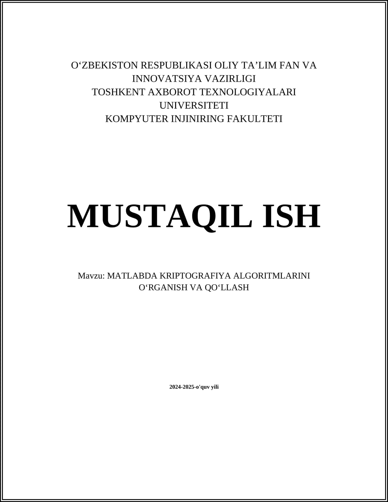MATLABDA KRIPTOGRAFIYA ALGORITMLARINI O‘RGANISH VA QO‘LLASH 1