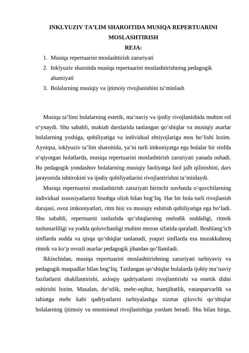 INKLYUZIV TA’LIM SHAROITIDA MUSIQA REPERTUARINI MOSLASHTIRISH 1