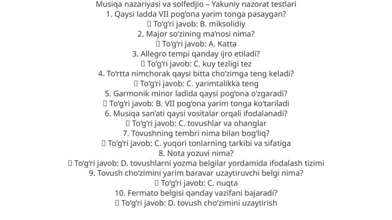 Musiqa nazariyasi va solfedjio – Yakuniy nazorat testlari 1