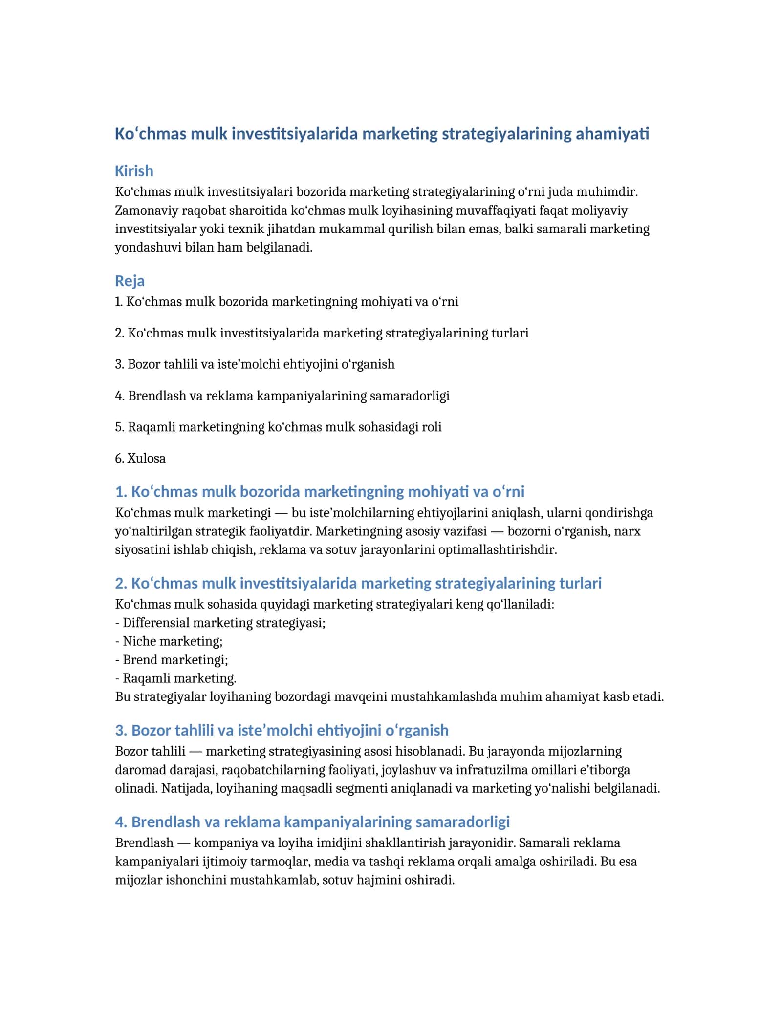 Ko‘chmas mulk investitsiyalarida marketing strategiyalarining ahamiyati 1