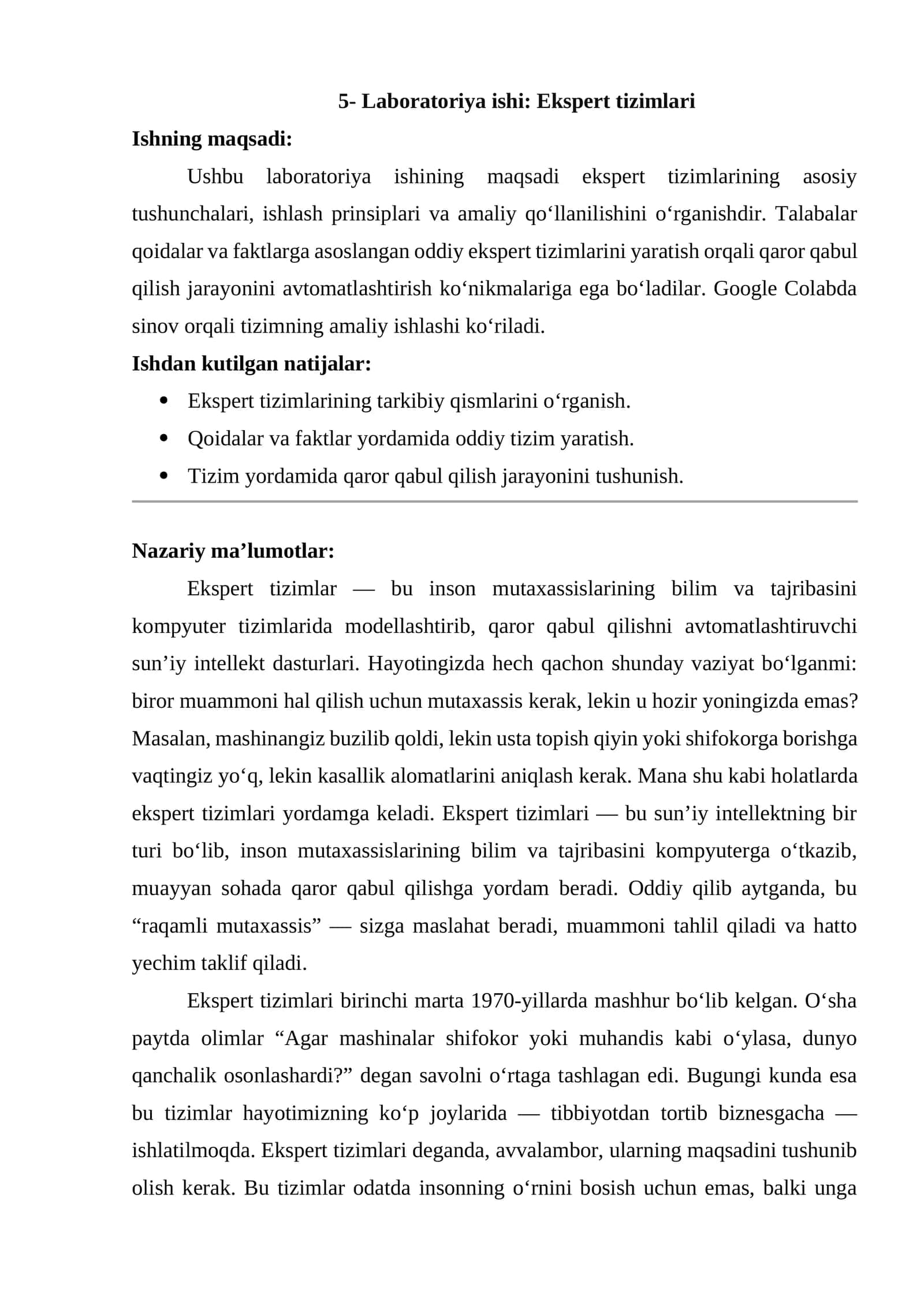 5- Laboratoriya ishi: Ekspert tizimlari 1