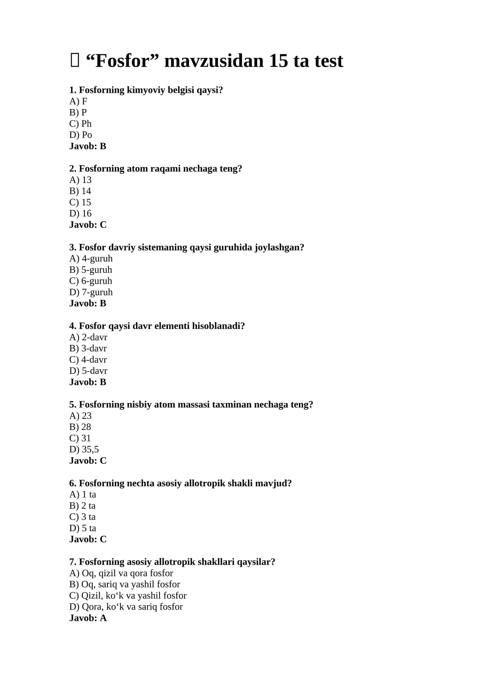 "Fosfor" mavzusidan 15 ta test 1