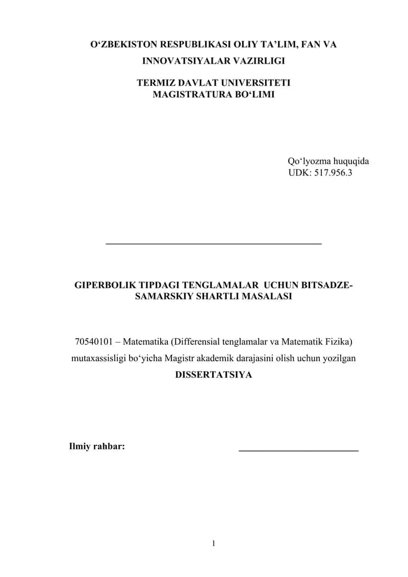 GIPERBOLIK TIPDAGI TENGLAMALAR  UCHUN BITSADZE-SAMARSKIY SHARTLI MASALASI 1