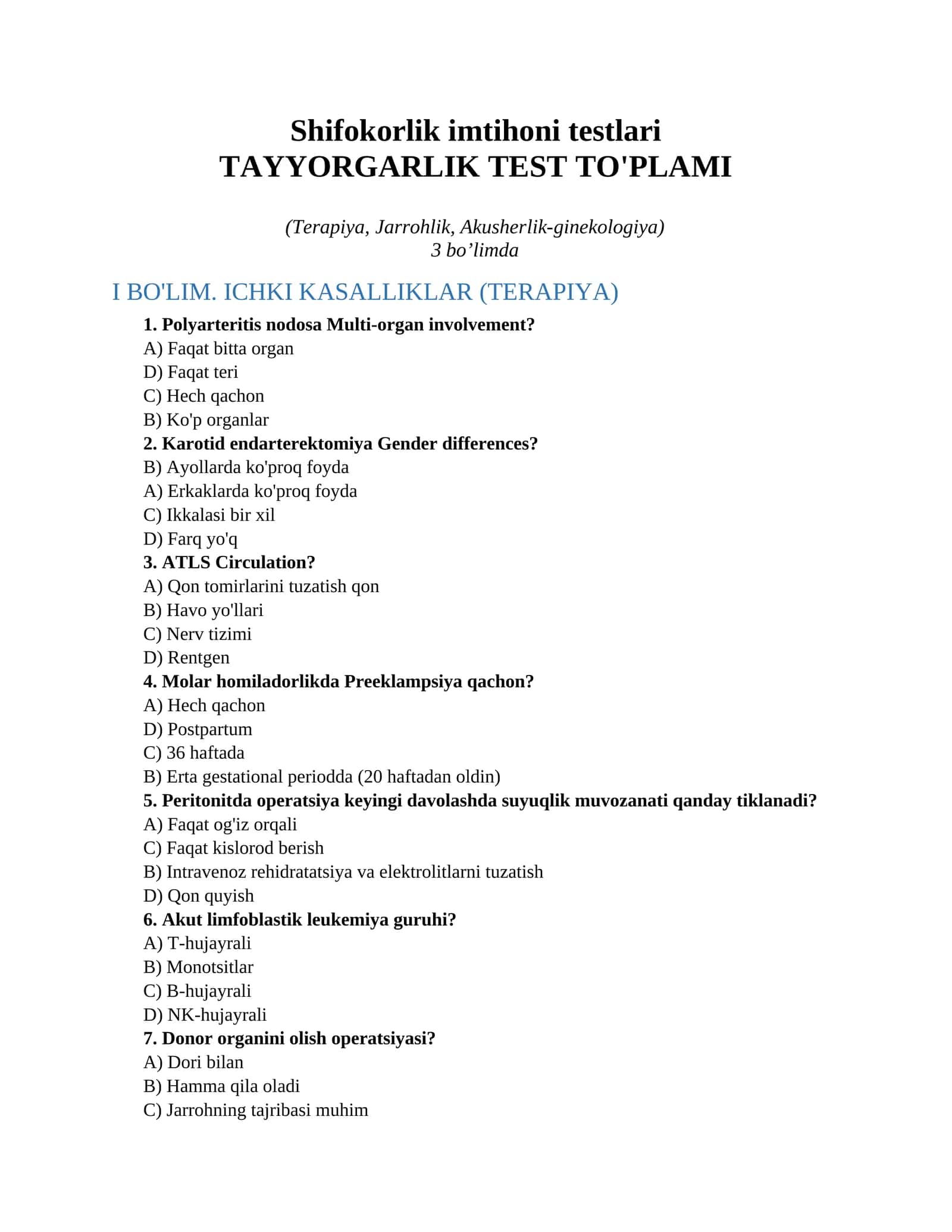 Shifokorlik imtihoni testlari 1