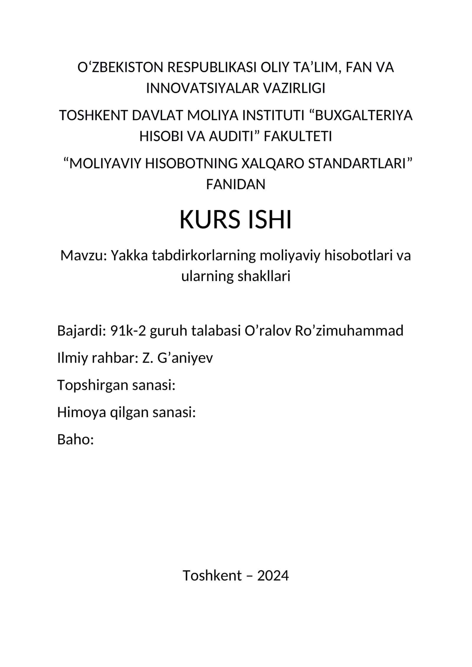 Yakka tabdirkorlarning moliyaviy hisobotlari va ularning shakllari 1