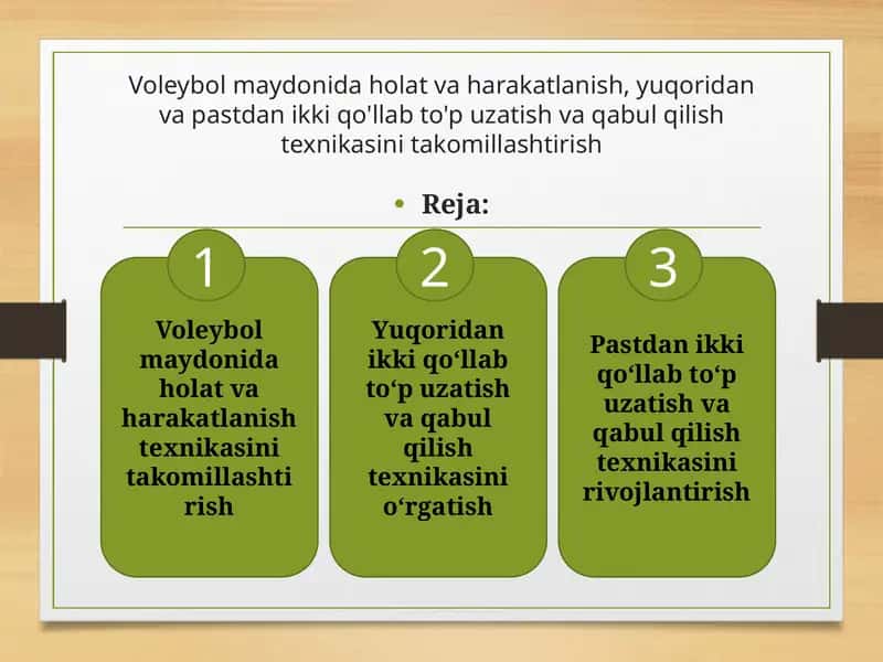 Voleybol maydonida holat va harakatlanish, yuqoridan va pastdan ikki qo'llab to'p uzatish va qabul qilish texnikasini takomillashtirish 1