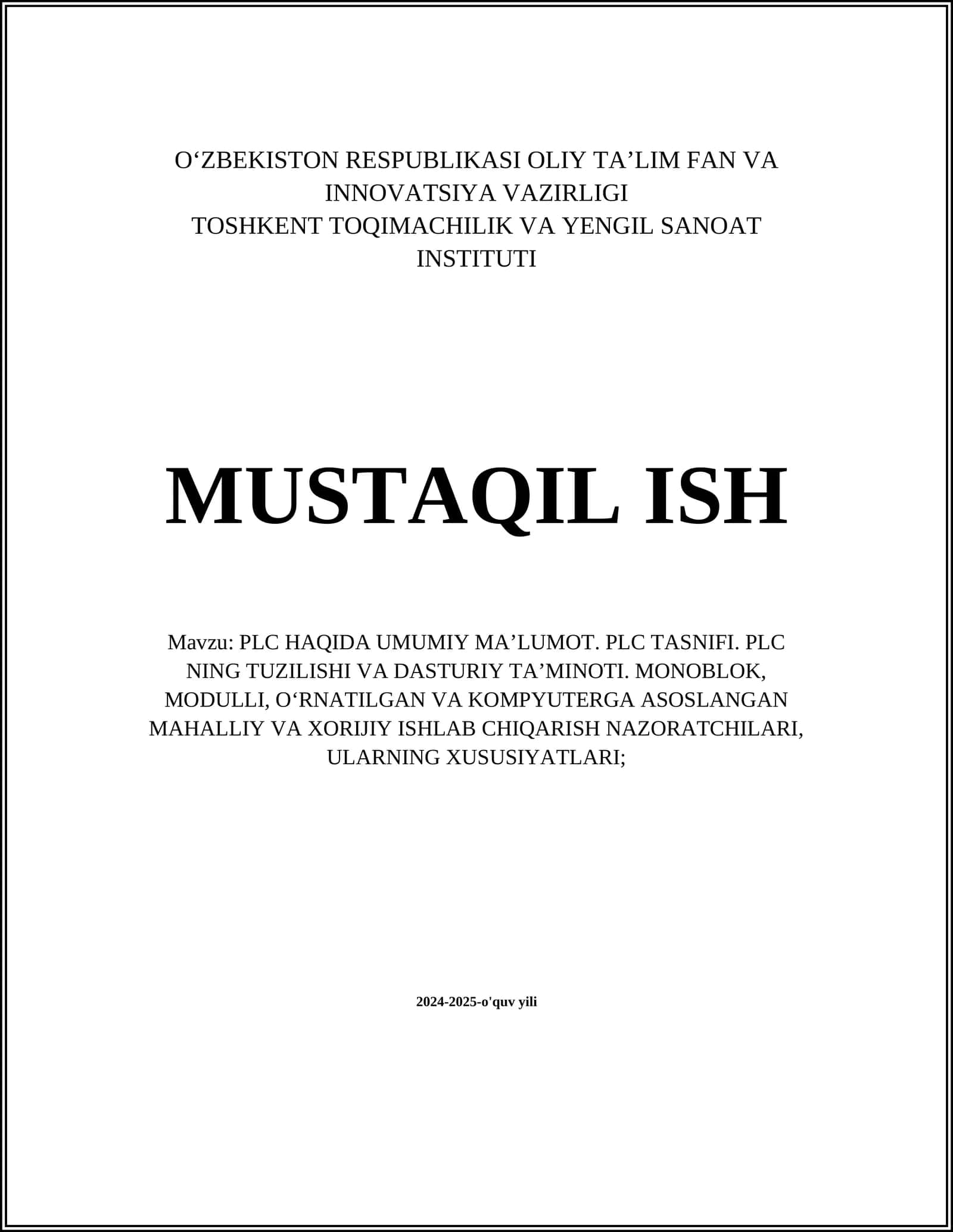 PLC HAQIDA UMUMIY MA’LUMOT 1