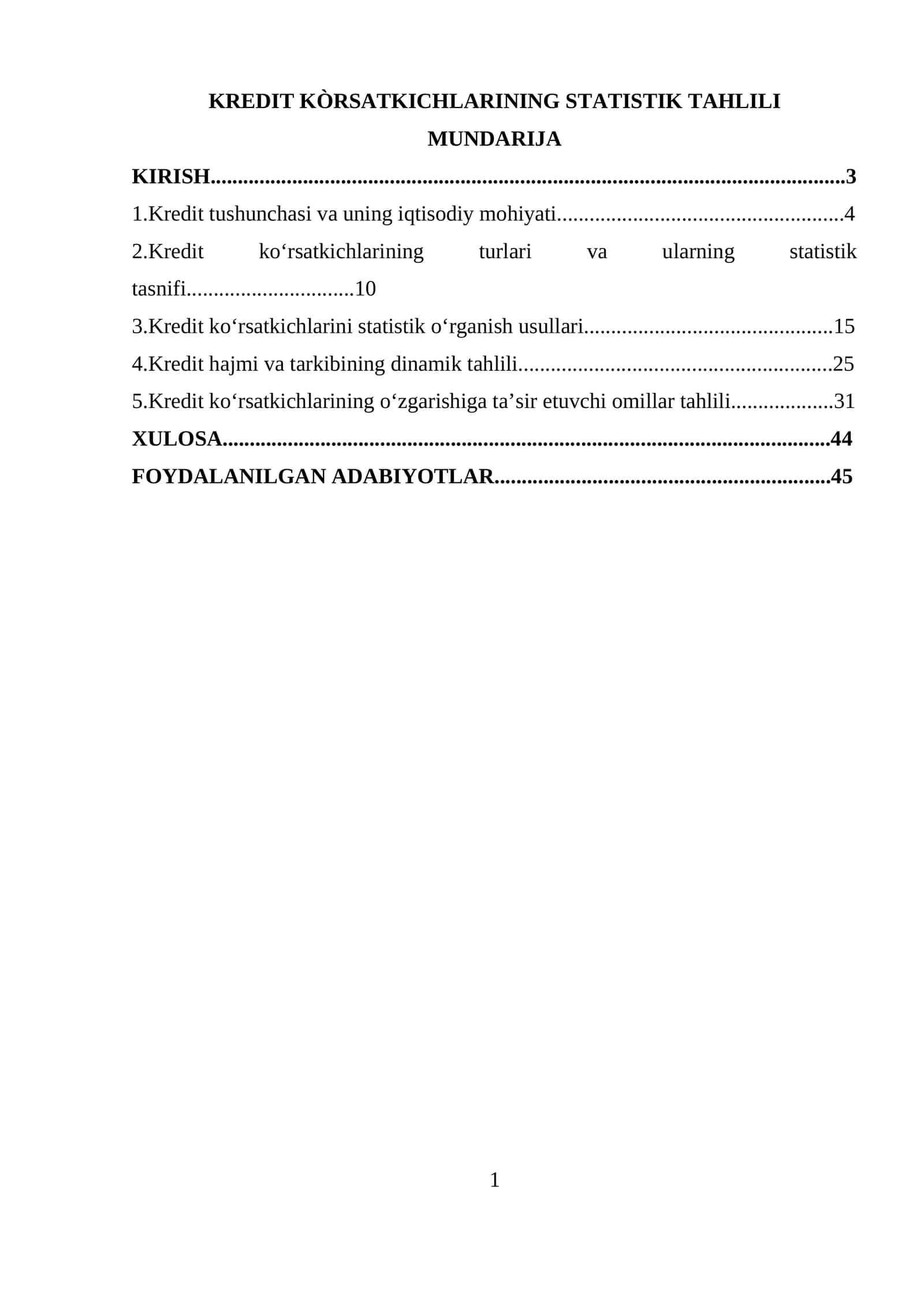 KREDIT KÒRSATKICHLARINING STATISTIK TAHLILI 1