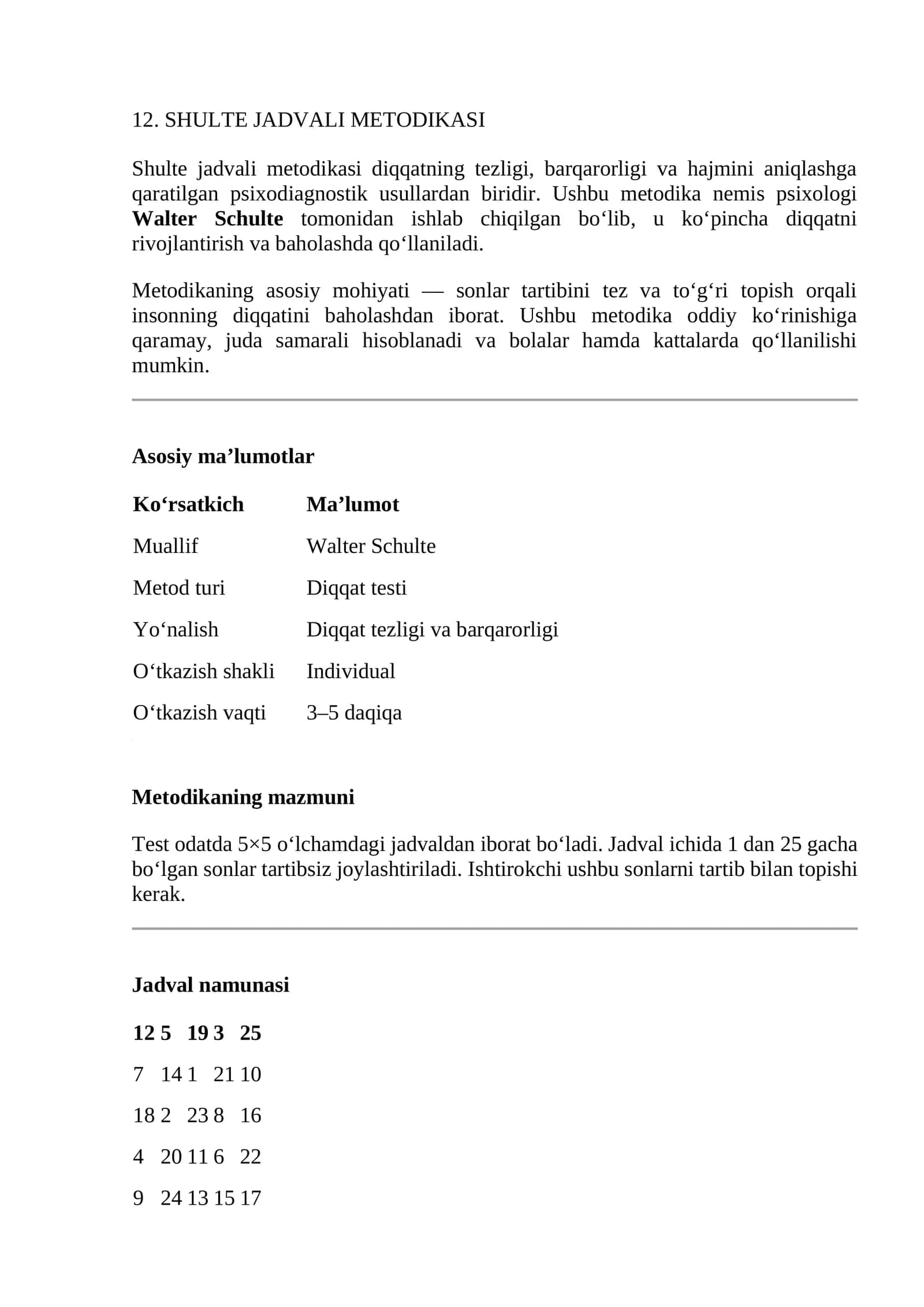 SHULTE JADVALI METODIKASI 1