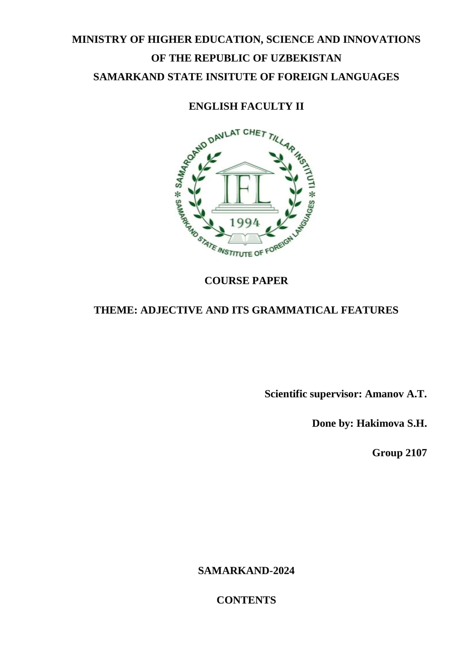 COURSE PAPER: ADJECTIVE AND ITS GRAMMATICAL FEATURES 1
