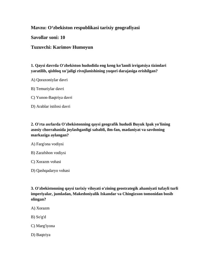 Oʻzbekiston respublikasi tarixiy geografiyasi 1