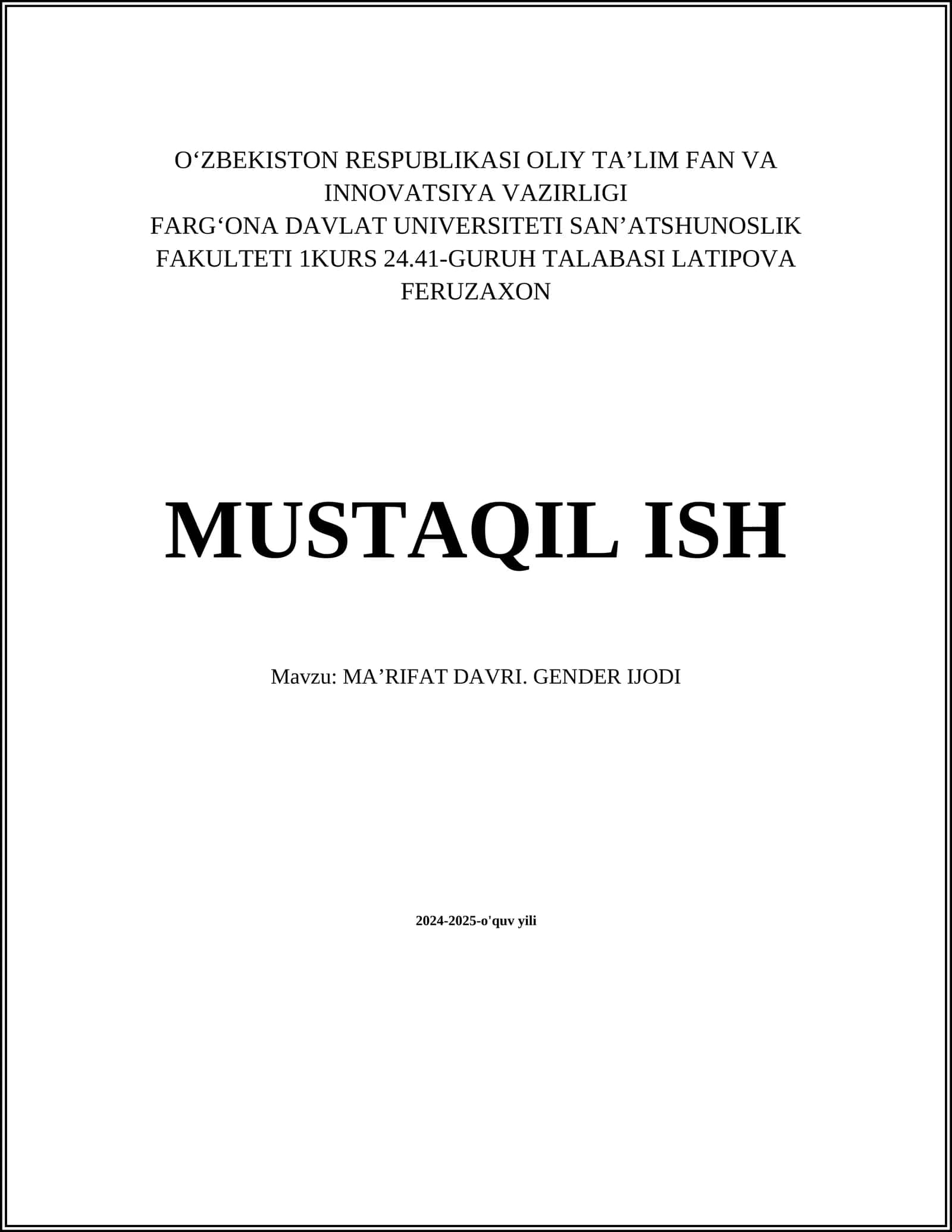 MAʼRIFAT DAVRI. GENDER IJODI 1