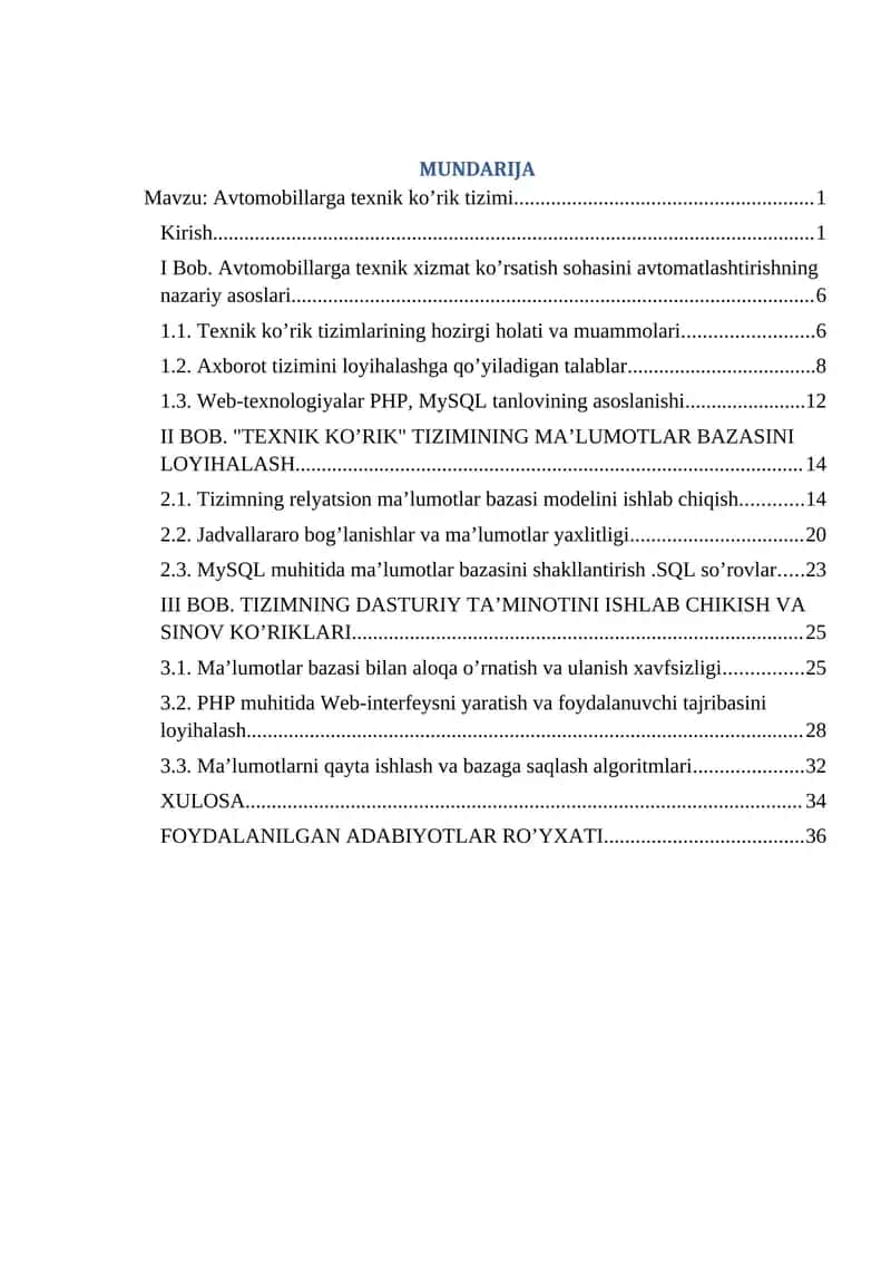 Avtomobillarga texnik ko’rik tizimi 1
