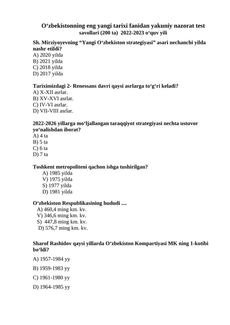 O‘zbekistonning eng yangi tarixi fanidan yakuniy nazorat test savollari (200 ta) 1