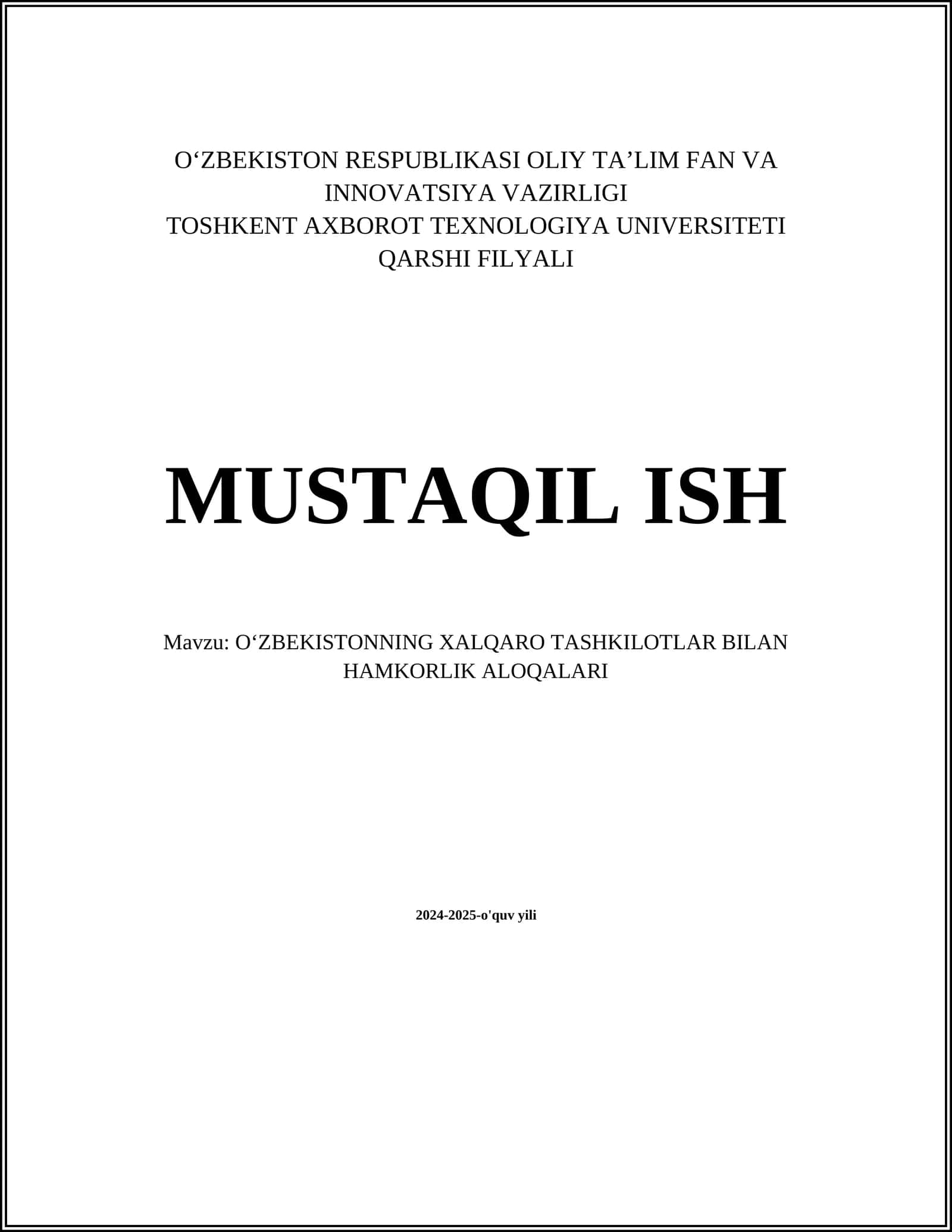 OʻZBEKISTONNING XALQARO TASHKILOTLAR BILAN HAMKORLIK ALOQALARI 1