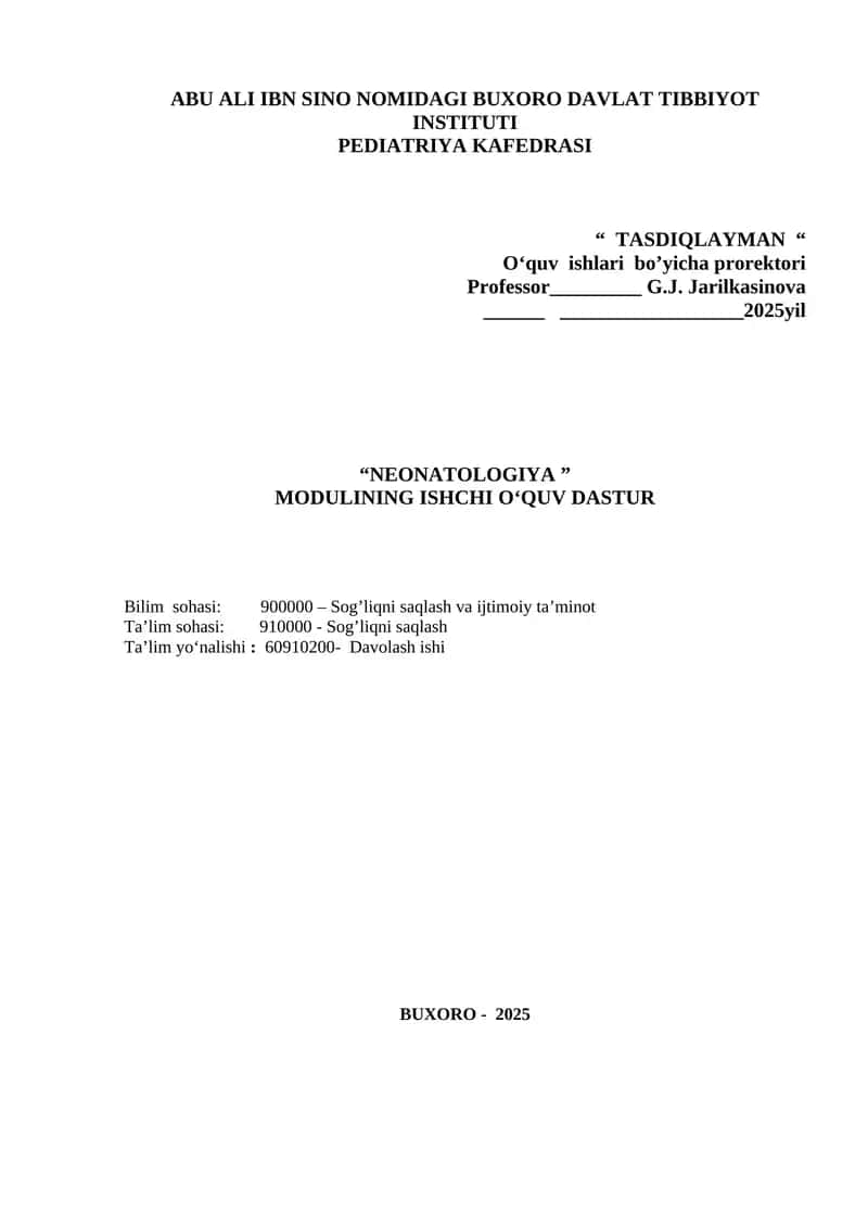 NEONATOLOGIYA MODULINING ISHCHI O‘QUV DASTUR 1