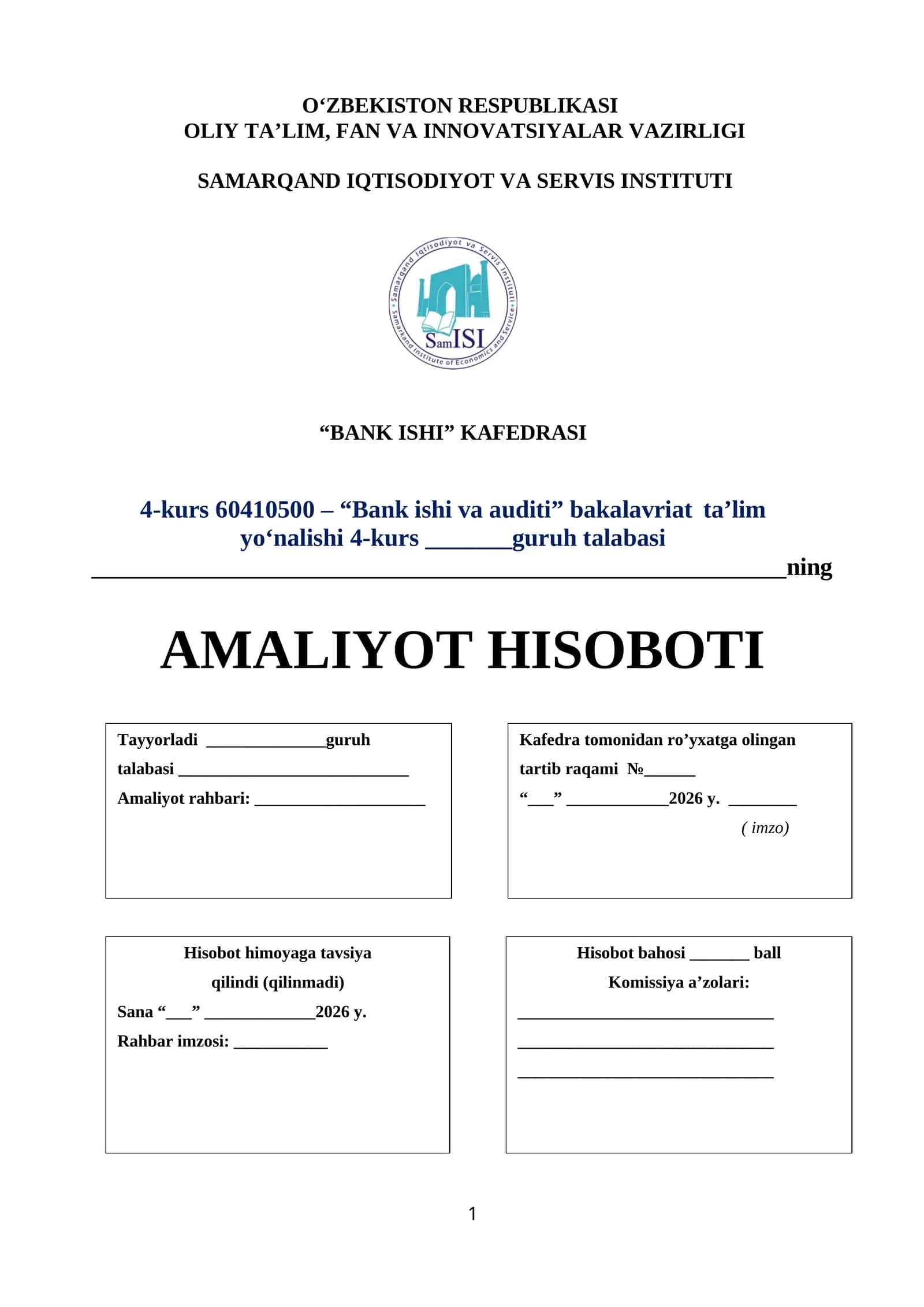 Amaliyot hisoboti. Agro bank toshkent 1