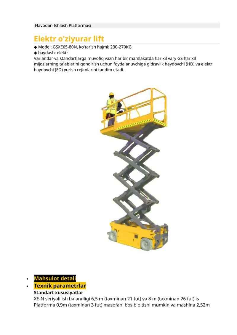 Elektr o'ziyurar lift 1