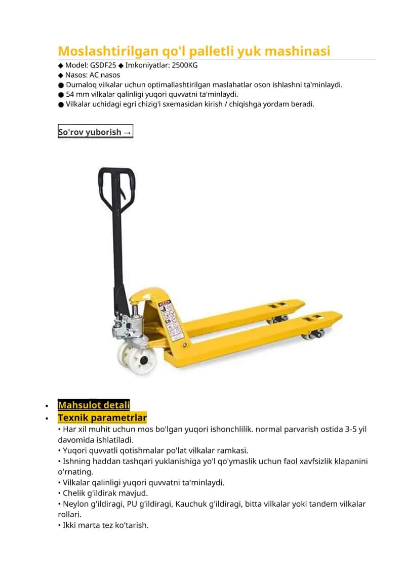 Moslashtirilgan qo'l palletli yuk mashinasi 1