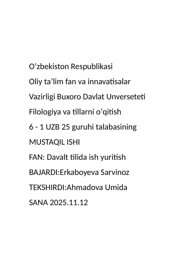Davlat yilida ish yuritish fanidan mustaqil talim 1