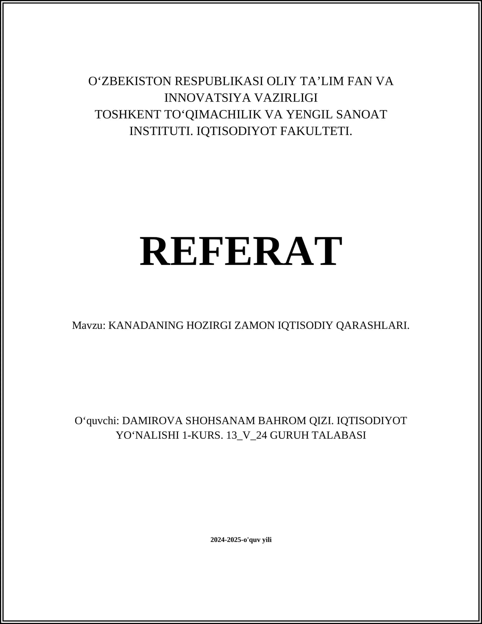 KANADA IQTISODIY QARASHLARI 1
