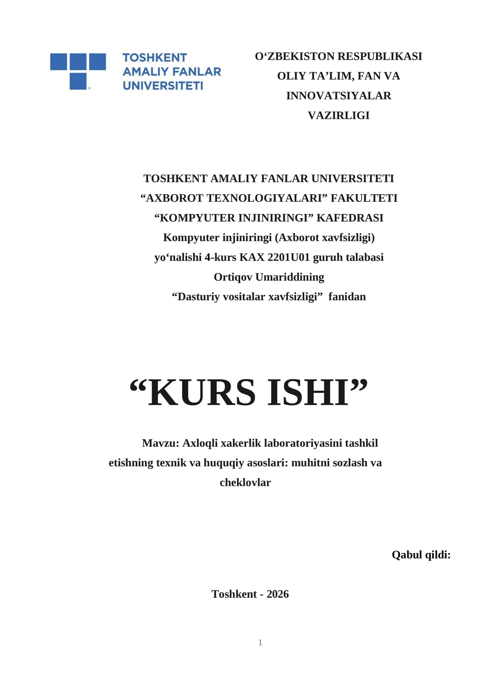 Dasturiy vositalar xavfsizligi fanidan KURS ISHI 1