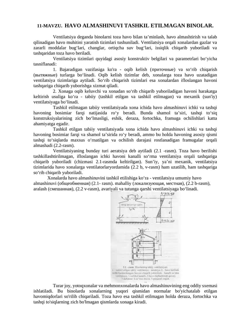 MAVZU. HAVO ALMASHINUVI TASHKIL ETILMAGAN BINOLAR 1